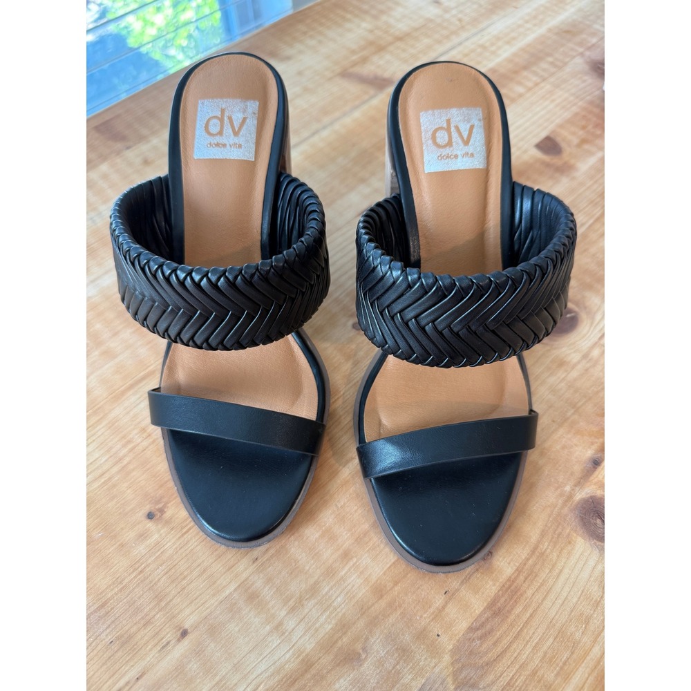 DV Dolce Vita Bambi Sandals Womens 8.5 Black Braided Two Strap Block Heel Mules - Picture 3 of 7